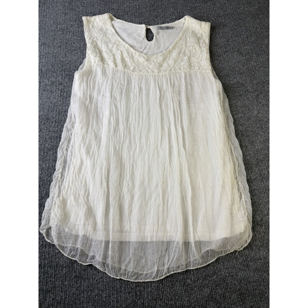 Elena Baldi Silk‎ Lace Sleeveless Blouse Ivory Italy Women's Large L Sheer
